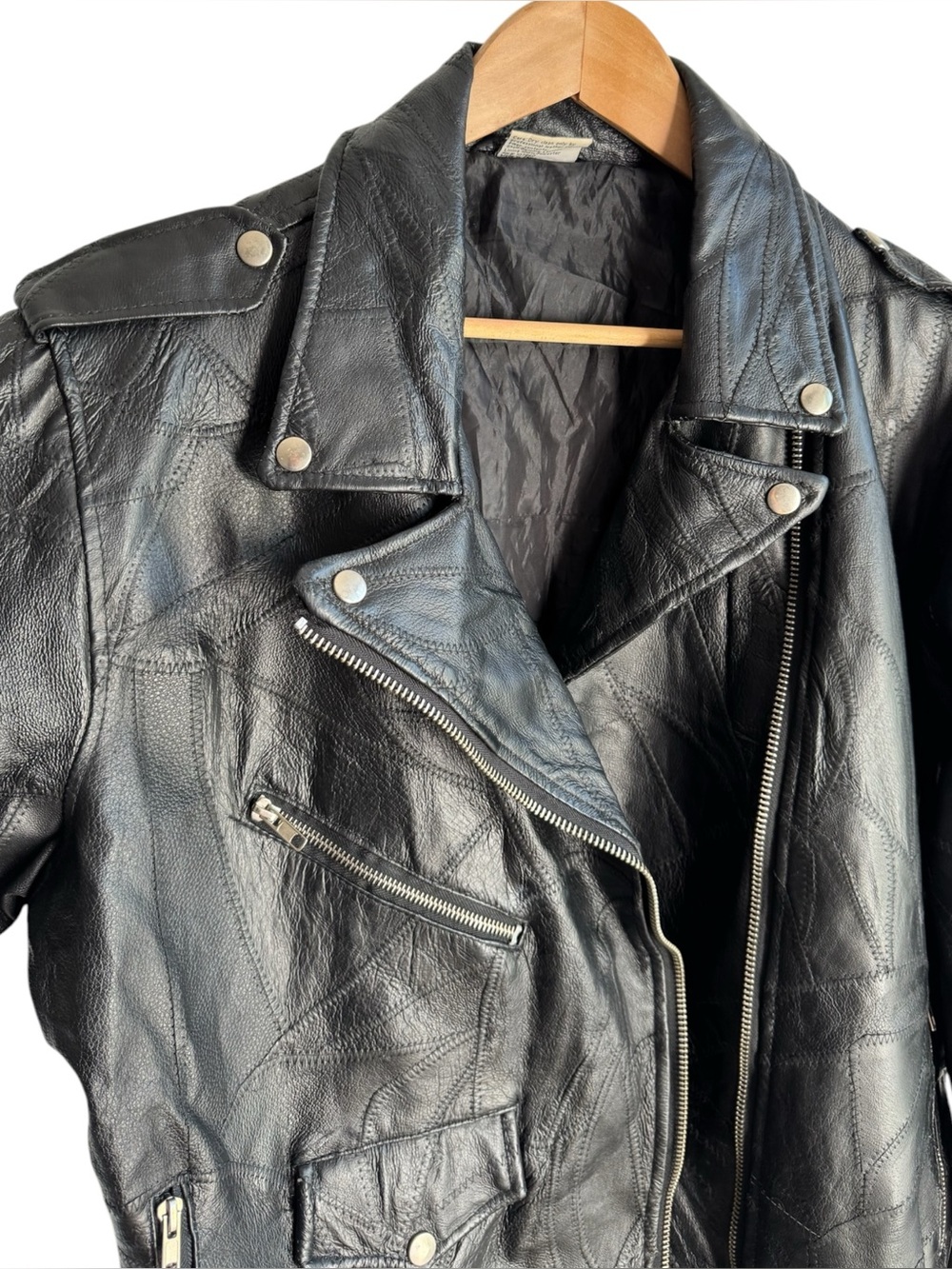 Vintage Black Leather Patchwork Moto Jacket Mens Large Biker Motorcycle Belted